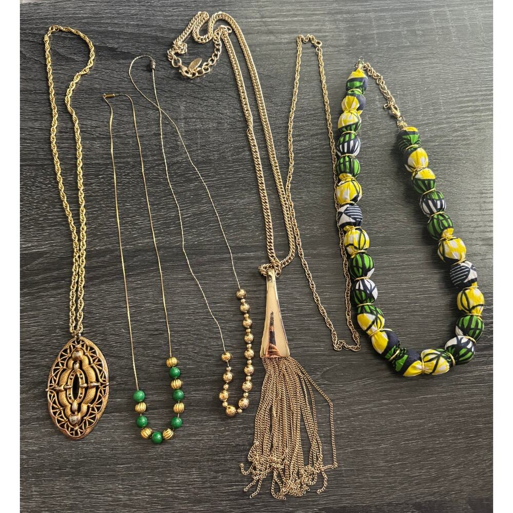 Vintage Lot of 6 Gold Tone Statement Necklaces Beaded Green Tones‎ JJ Jules B